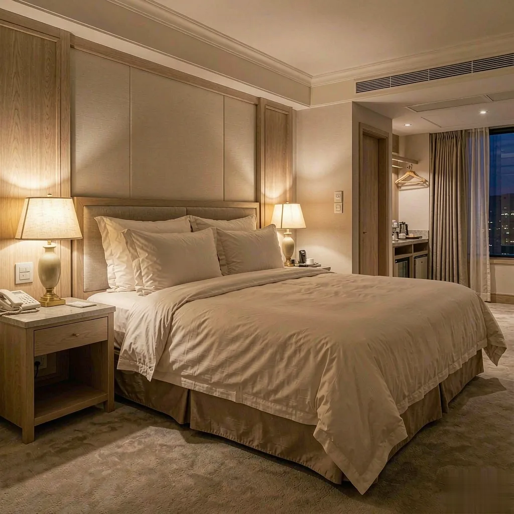 Hotel guestroom interior with bedside lighting