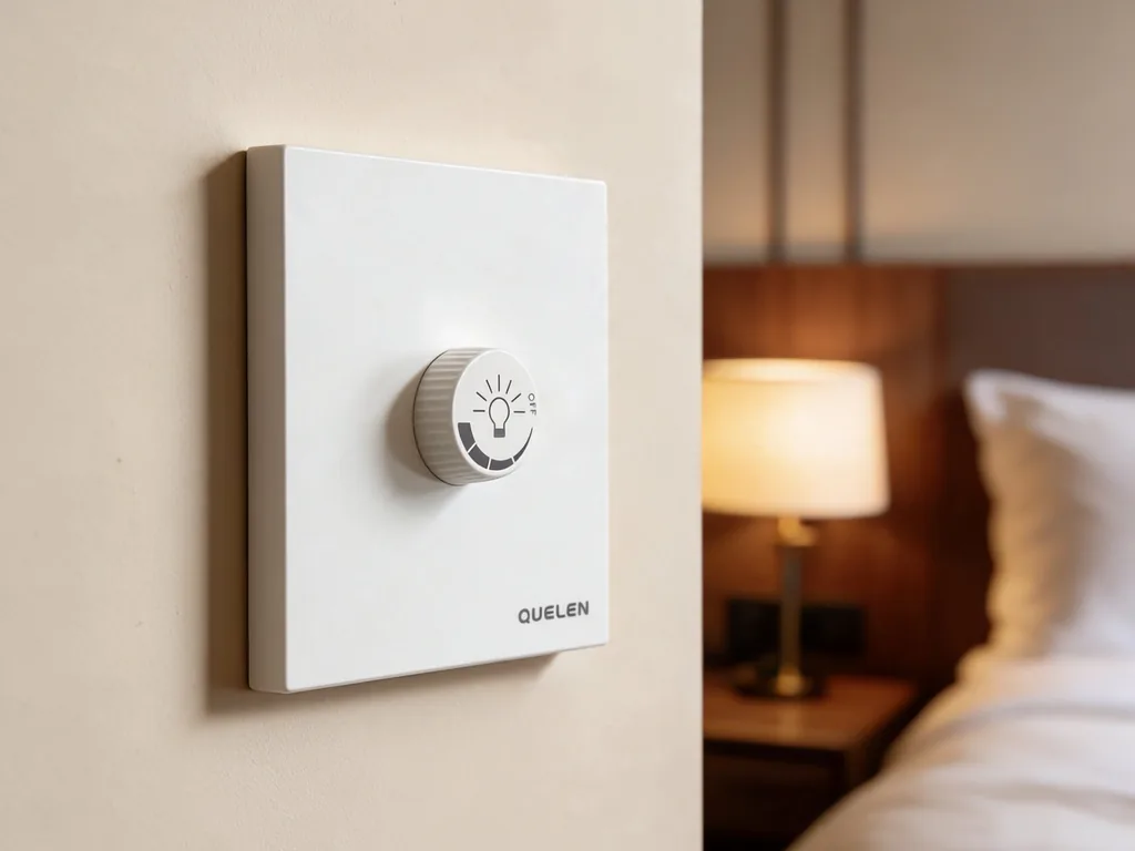 Dimmer switch with rotary knob installed in a hotel guestroom