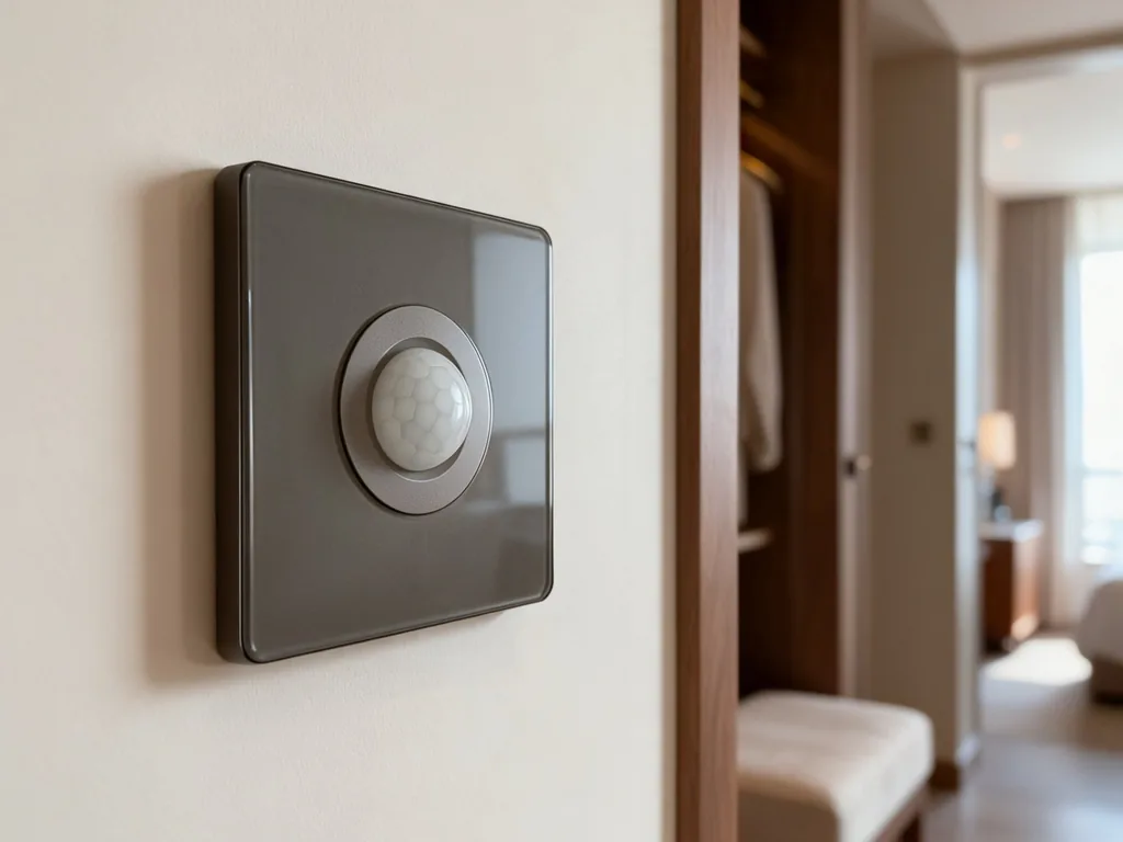 Occupancy sensor switch mounted on a hotel wall