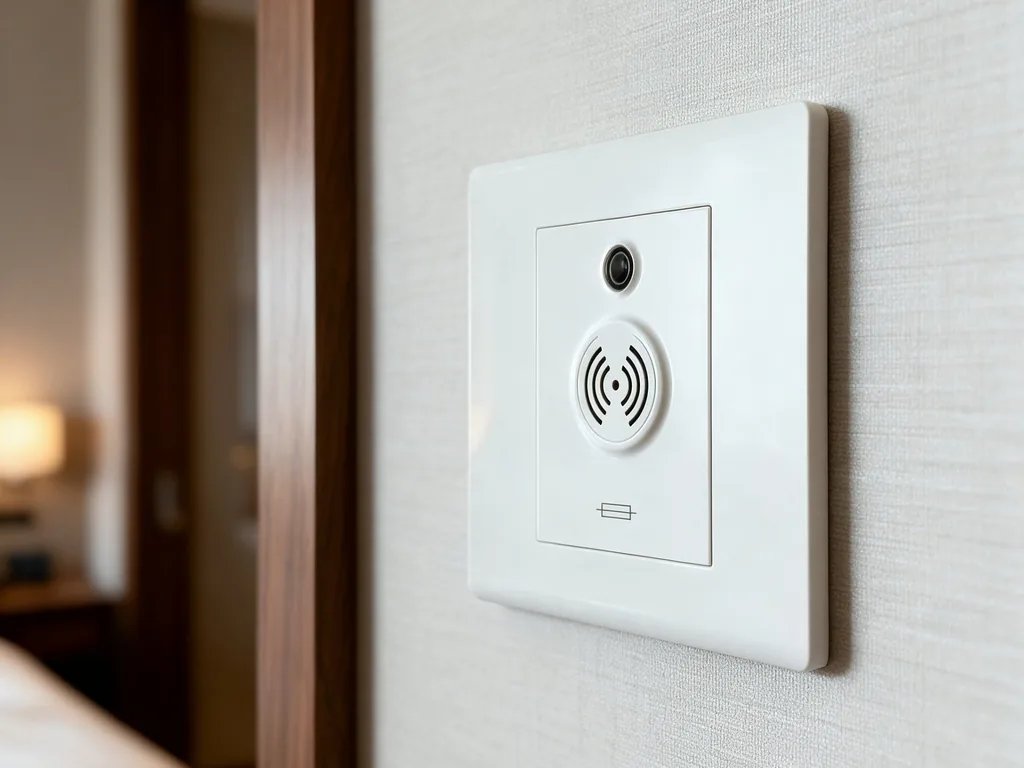 Doorbell and room-status panel beside a hotel guestroom entrance
