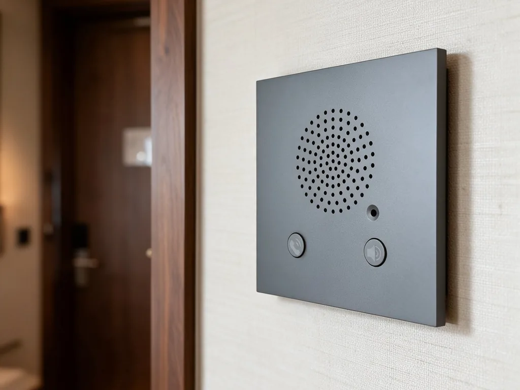 Guestroom intercom panel mounted on a hotel wall